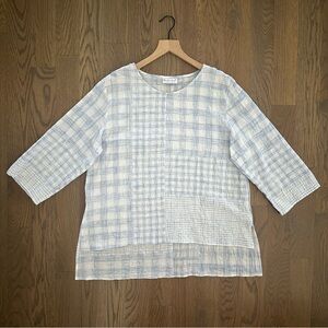 Habitat Tunic Top Plaid Patchwork High-low Cotton Blend White and Blue Medium